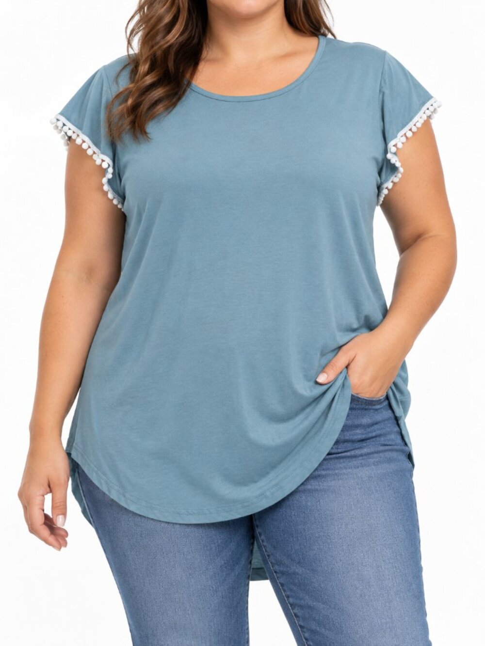 Amaryllis Blue Pom Pom Trim High Low Tunic Top XL